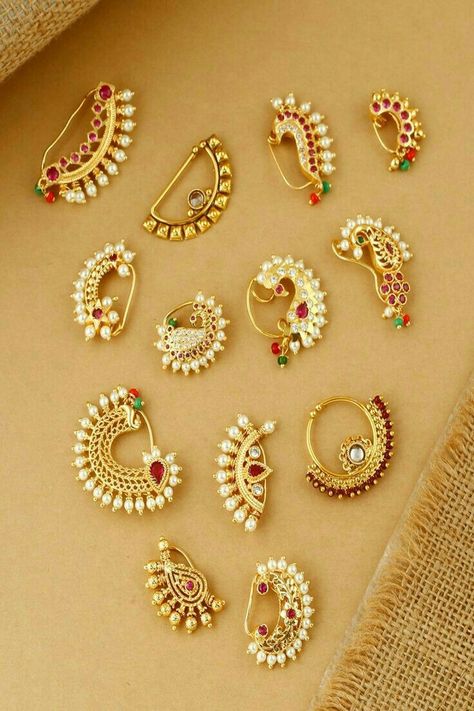 Jewellery With Lehnga, Maharashtrian Traditional Look, Nath Designs, Gold Nath, Nose Ring Designs, Nose Jewels, Maharashtrian Jewellery, Nath Nose Ring, Nose Ring Jewelry