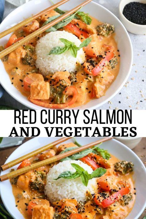 Thai Red Curry Salmon and Vegetables - Red Curry Salmon and Vegetables is remarkably flavorful cozy comfort food! Salmon lovers will delight in this powerfully vibrant meal! #thaifood #thai #redcurry #curry #salmon #salmonrecipes #healthyrecipes #glutenfree Red Curry Salmon, Salmon And Vegetables, Curry Salmon, Food Salmon, Salmon Vegetables, Salmon Curry, Healthy Salmon, Salmon Dishes, Healthy Comfort Food