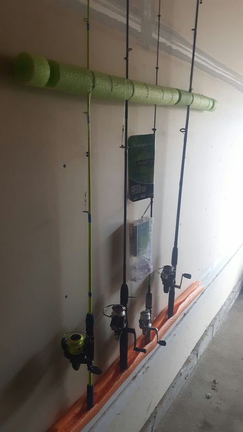 Storage for fishing poles with pool noodles Fishing Pole Organization Ideas, Organizing Fishing Poles, Diy Fishing Rod Storage, Pool Noodle Fishing Rod Holder, Diy Fishing Pole, Diy Fishing Rod Holder, Fishing Pole Storage, Diy Fishing Rod, Garage Organizing