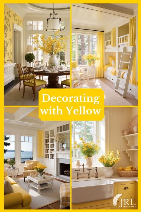 Decorating with yellow - whether you love it or hate it, yellow done right injects a happy note into any space. Yellow Sunroom Decorating Ideas, Yellow And White Living Room Ideas, Decorating With Yellow Accents, Yellow Accent Living Room, Decorating With Yellow Walls, Yellow Office Walls, Yellow Basement, Yellow House Interior, Yellow Sunroom