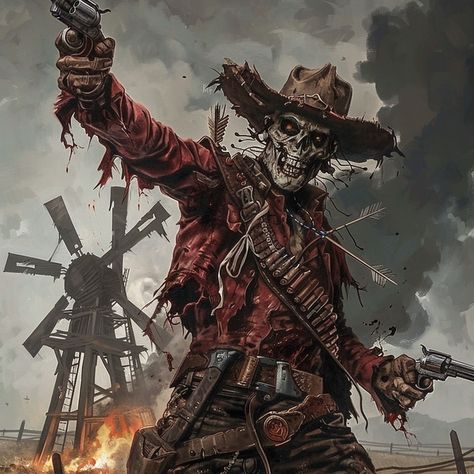 From dust-laden tales where the tumbleweeds roll, emerges the gunslinger with an undead soul. 🤠💀🔫 #darkcowboy #undeadoutlaw #westernhorror #gunfightergothic #wildwestphantom #hauntedfrontier #spookyshootout #cowboyoftheapocalypse #westernmythos #ghosttowngunslinger #sinistercowboy #wickedwest #supernaturalshowdown #dreadfuldesperado #mysticalwestern #demonicdueler #darkwestern #macabrewest #gunslingerghost #terrifyingtales #horrorwestern #fantasywestern #cowboycurse #outlawodyssey #legendoft... Undead Gunslinger, Undead Cowboy, Deadlands Rpg, Dark Cowboy, Horror Western, Dark Western, Hunt Showdown, The Gunslinger, Skeleton Cowboy