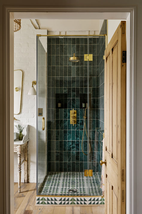 Our Founder Lee Thornley's Yorkshire Home in this weeks Financial Times "filled with reclaimed materials, vintage furniture and the brand’s own tiles, which pepper both the interior and garden." A labour of love to restore the 1650s Georgian cottages. Take a look inside and explore our image gallery. Wetroom Tiles, Green Tile Ensuite, Ensuite Green Tiles, Green Tiled Bathrooms Vintage, Green Moroccan Tile Bathroom, Teal Zellige Tile Bathroom, Fluffy Bath Towels, Reclaimed Tile, Honed Marble Tiles