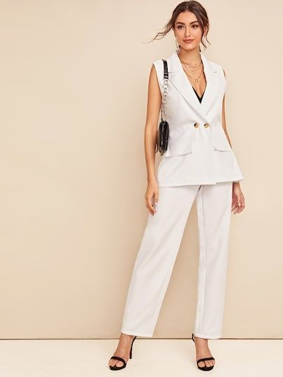 Blazer Without Sleeves, Summer Two Piece Outfits, Elegant Pants, Two Piece Jumpsuit, Casual Jackets, Shein Style, Blazer Buttons, Casual Street Style, Street Style Outfit