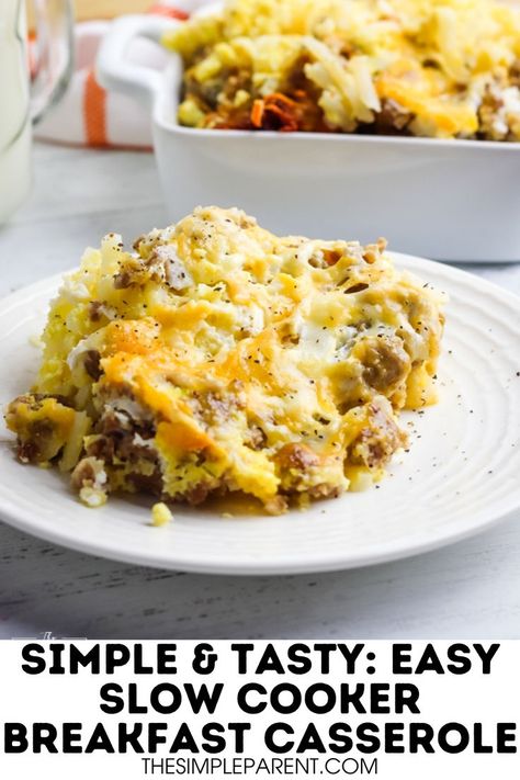 Serving of Crockpot Hashbrown breakfast casserole on a white plate Instapot Breakfast Casserole Recipes, Make Ahead Crockpot Breakfast, Crock Pot Egg Bake Overnight, Slow Cooker Egg Bake, Crockpot Breakfast Recipes Easy, Slow Cooker Brunch Recipes, Easy Crockpot Breakfast Recipes, Crockpot Overnight Breakfast Casserole, Breakfast Casserole In Crockpot