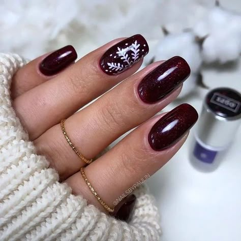 Dark Red Nails With Snowflake, Burgundy Nail Ideas, Burgundy Fall Nails, Wine Nails, Feel Powerful, Maroon Nails, Gel Powder, Christmas Nails Easy, Christmas Gel Nails