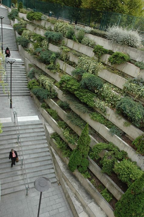 Promenade Plantée, Paris Promenade Plantée Paris, Promenade Plantée, Vertikal Garden, Landscape Stairs, Wall Mounted Planters, Green Facade, Green Wall Decor, Sloped Garden, Landscape Architecture Design