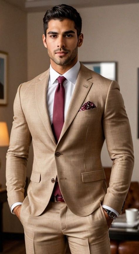 Bodybuilder Outfit, Tan Suit Men, Charlie Siem, Brown Two Piece, Mens Wedding Suits, Custom Tailored Suits, Groom Suits, Two Piece Suits, Tan Suit