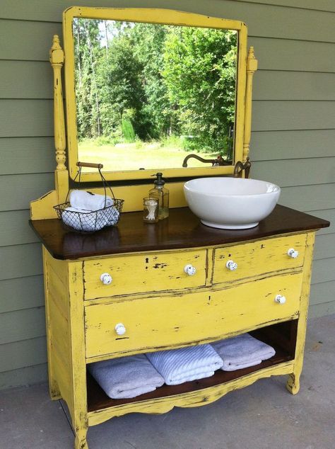 Dresser Turned Into Bathroom Vanity. I remember my mom did this when we were kids.  She was way ahead of her time.  Wonder where I get my creative bug from? Yellow Dresser, Unique Bathroom Vanity, Farmhouse Bathroom Vanity, Shabby Chic Bathroom, Diy Dresser, Chic Bathrooms, Old Dressers, Trendy Bathroom, Vintage Cabinets