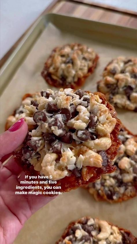 5 Ingredient Magic Cookies Recipe, Kalejunkie Magic Cookies, 5 Ingredient Dessert Recipes, Cashew Coconut Chocolate Cookies, Five Ingredient Magic Cookies, Magic Bar Cookies Recipes, Magic Cookie Bar Cookies, 4 Ingredient Magic Cookies, 5 Ingredient Magic Cookies