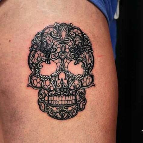 Lace Skull tattoo Lace Skull Tattoo, Mexican Skull Tattoos, Candy Skull Tattoo, Bird Tattoos Arm, Sugar Skull Tattoo, Lace Skull, Tattoo And Piercings, Tattoo Thoughts, Candy Skull