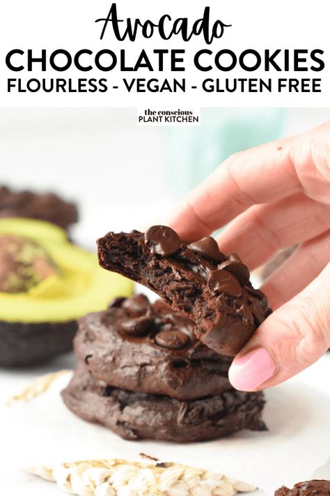 Conscious Plant Kitchen, Avocado Cookies, Gluten Free Chocolate Cookies, Vegan Chocolate Cookies, Flourless Chocolate Cookies, Vegan Cookies Recipes, Plant Kitchen, Fudge Cookies, Avocado Chocolate