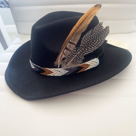 I Put This Hat Band And Feathers On Myself. Receive Another Hat Accessory For The With Purchase Of This Custom One! Tag On Hat! Adjustable String Hats With Feathers, Feathered Hat, Hat With Feather, Accessory Inspo, Feather Crafts, Feather Hat, Men's Hats, Western Hats, Black Hat