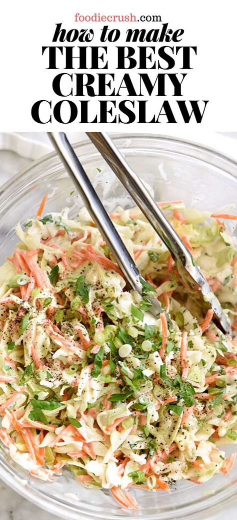 EASY SIDE! HOW TO MAKE THE BEST CREAMY COLESLAW | foodiecrush.com My favorite creamy coleslaw stays crunchy, not soupy, and gets a bit of bite in this slightly sweetened, vinegar-spiked coleslaw dressing. #easy #healthy #lowcarb #coleslaw #recipe #creamy Creamy Slaw Dressing, Foodiecrush Recipes, Easy Coleslaw Recipe, The Best Coleslaw, Creamy Coleslaw Recipe, Homemade Coleslaw Dressing, Best Coleslaw, Ww Salads, Best Coleslaw Recipe