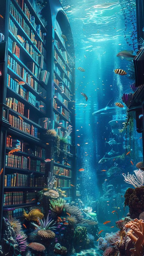 Underwater Ballroom, Underwater Library, Ocean Library, Asian Hot Sauce, Underwater Aesthetic, Public Parking, Underwater City, Fantasy Rooms, Dreamy Artwork