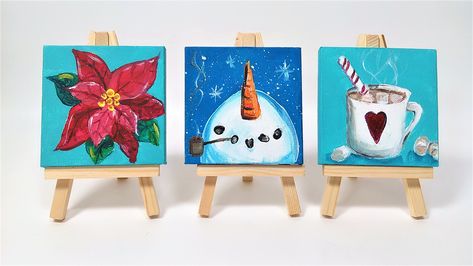 Hi friends! These cute mini canvasses take about 10 minutes to paint each and can be a fun, inexpensive family or classroom activity! I created a free printable template sized for 3″x3″… Mini Canvas Ornaments, Mini Canvas Paintings, Beginner Acrylic Painting, Diy Christmas Canvas, Christmas Painting Ideas, Mini Toile, Canvas Ornaments, Cute Christmas Decorations, Acrylic Tutorials