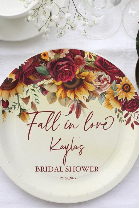 Fall in love bridal shower personalized plates burgundy roses sunflowers fall autumn themed shower Fall In Love Theme Bridal Showers, Sunflower And Burgundy Bridal Shower Ideas, Bridal Shower Ideas Burgundy, Bridal Shower Themes Fall In Love, Bridal Shower Burgundy, Fall In Love Bridal Shower, Sunflower Bridal Shower, Personalized Plates, Fall Bridal Shower