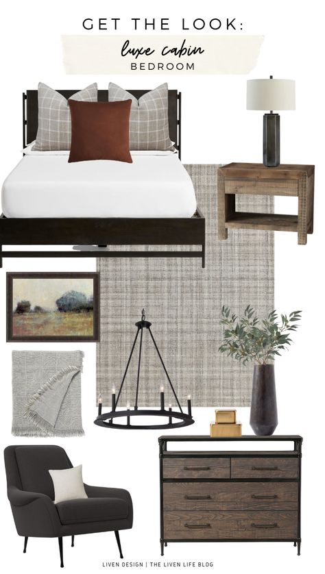 luxe cabin rustic bedroom. interior design trends. bedroom design. gray tones. neutral. reclaimed wood nightstand. reclaimed dresser. brass decorative box. ring chandelier. gray windowpane plaid. gray plaid rug. crosshatch. velvet. burgundy. rust. farmhouse modern. black reclaimed wood bed. velvet quilt. enrich a bedroom. moody. deep tones. charcoal. #home #interiordesign #decor #style #gray #bedroom #velvet #plaid #modern #rustic #farmhouse #contemporary Bedroom Design Gray, Cabin Inspired Bedroom, Reclaimed Wood Bed, Plaid Bedroom, Burgundy Room, Spare Bedroom Office, Reclaimed Wood Nightstand, Reclaimed Wood Beds, Cabin Rustic