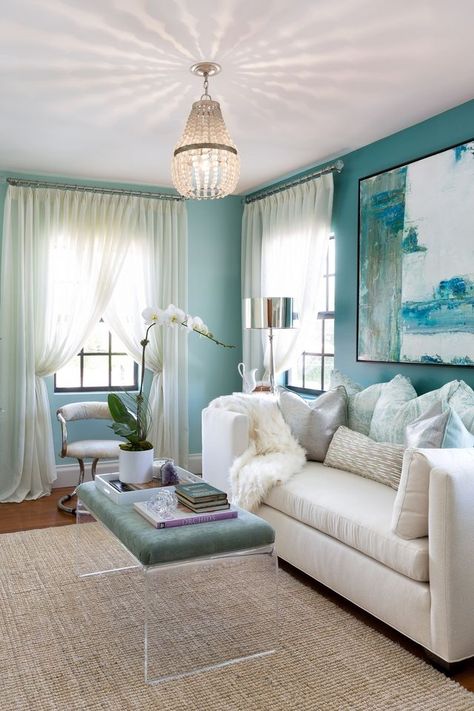 Tiffany Blue Rooms, Tiffany Blue Walls, Blue Accent Walls, Interior Design Portfolios, Show House, Glam Living Room, Coastal Contemporary, Coastal Living Rooms, Coastal Living Room