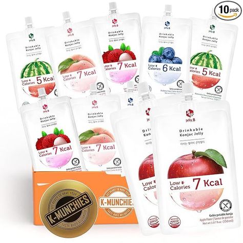 K-Munchies Jelly.B Konjac Jelly Juice - 10 Packs Assorted Fruit-Flavored Collagen Drink: Apple, Peach, Watermelon, Lychee & Blueberry - Low Calorie, Delicious and Healthy Snack Foods For Adults Konjac Jelly, Collagen Drink, Snack Foods, Artificial Sweetener, Natural Sugar, Fruit Flavored, Gourmet Food, Healthy Snacks Recipes, Low Calorie