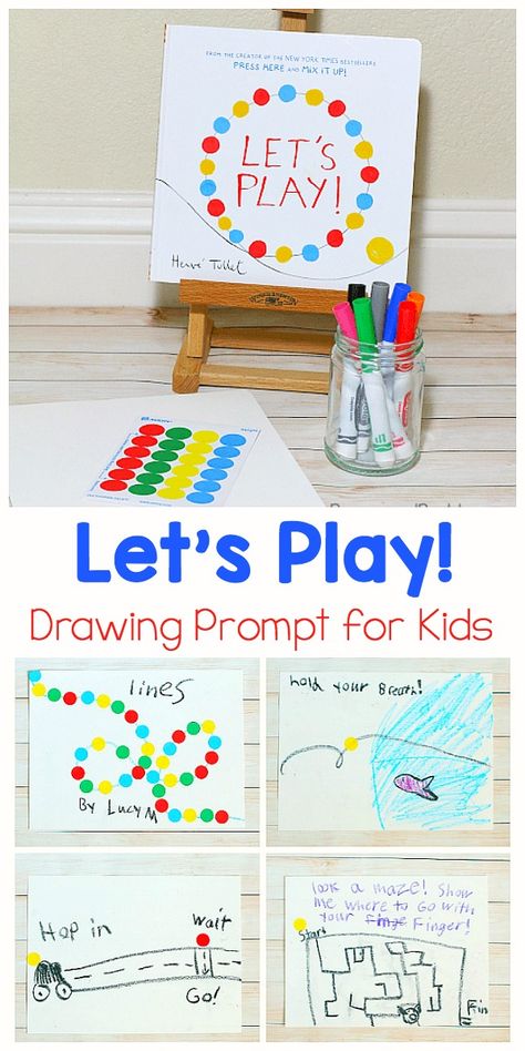 An easy to set up drawing prompt for kids inspired by the children's book Let's Play! by Herve Tullet! Makes a fun art center for preschool and kindergarten! #hervetullet #artprompt #drawingprompt #artprject #invitationtocreate #preschoolart #kindergartenart #kidlit #picturebooks Art Books For Preschool, Art All Around Us Preschool, Book Making Preschool, Books With Art Projects Kids, Colour Inquiry Kindergarten, Herve Tullet Activities, Art Projects Based On Children's Books, Herve Tullet Art, Disney Princesses