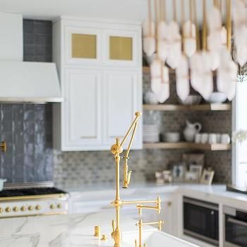 Statuary Quartz Waterfall Island Countertop - Transitional - Kitchen Kristina Crestin, White Kitchen Design Ideas, Quartz Island, Island Sink, Farmhouse Island, Chevron Door, Erin Napier, Grey Kitchen Island, Sink In Island