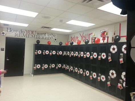 High school locker room using cricut soccer balls. Jv has the smaller ones with number. Varsity has name and number on larger one. Decorations For Lockers, Lockers Decorations, Sports Locker Decorations, Girl Locker Decorations, Soccer Decorations, Volleyball Locker Decorations, Volleyball Decorations, Athletic Locker, Locker Room Decorations