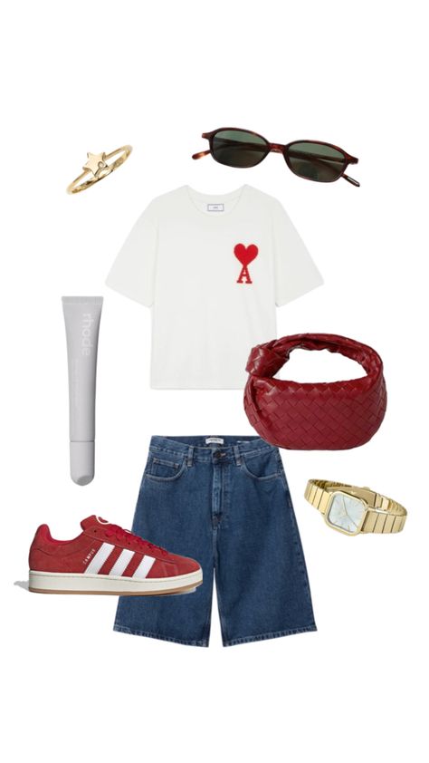 red cards jorts blue denim knot bag adidas campus 00s gold jewellery watch rhode lip sunglasses round oval Red Campus, Campus 00s Outfit, Outfit Campus, Rhode Lip, Red Cards, Campus Outfit, Adidas Campus 00s, Knot Bag, Sunglasses Round