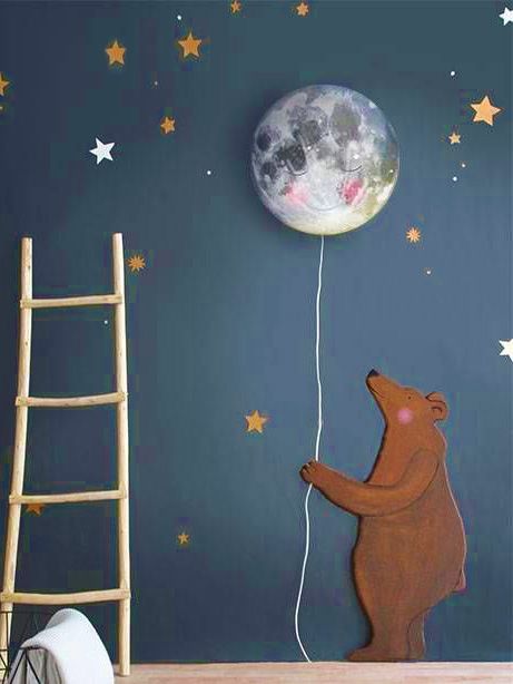 A moon wall lamp for the baby's nursery brings a natural, calming aspect to the decor of a boy, girl or a neutral nursery room design.   The bear can be replaced by pretty much any animal or object of your choosing and the moon lamp doubles as a night light. Moon Wall Light Nursery, Night Time Nursery Theme, Nursery Decorating Ideas, Boys Space Bedroom, Neutral Nursery Rooms, Night Nursery, Moon Decoration, Moon Night Light, Baby Nursery Wall Decor