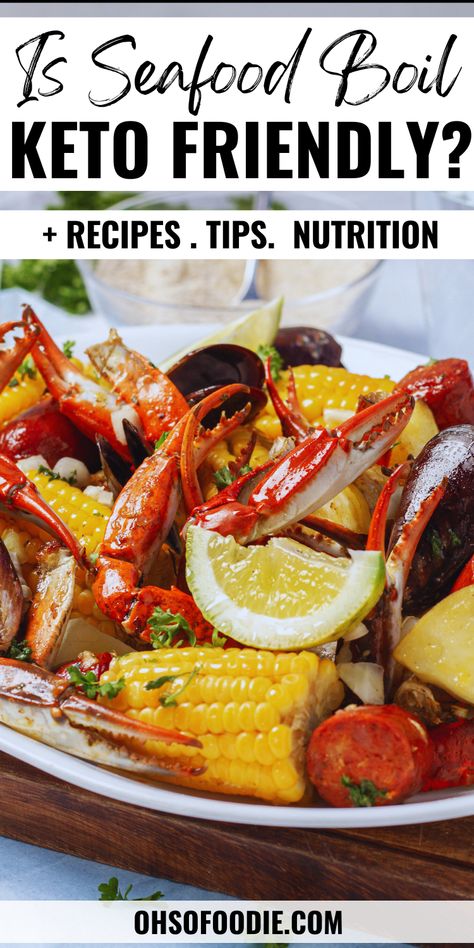 Text reads Is Seafood Boil Keto Friendly Low Carb Seafood Boil, Keto Shrimp Boil, Keto Crab Boil, Low Carb Shrimp Boil, Healthy Seafood Boil Recipes, Keto Seafood Boil, Low Carb Seafood, Crab Boil Recipe, Low Country Boil Recipe