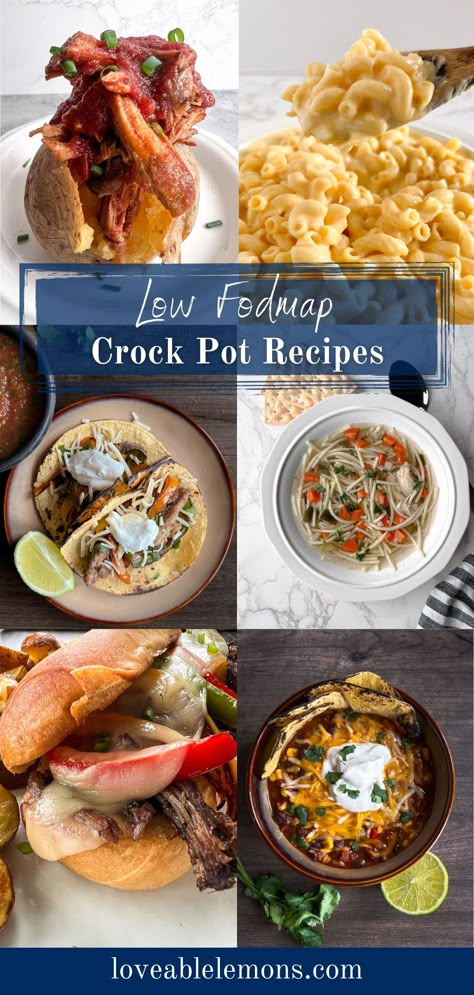 multiple photos of meals made in a crock pot. Anti Inflammation Diet Low Fodmap, Slow Cooker Low Fodmap, Low Fodmap One Pot Recipes, Crockpot Fodmap Recipes, Low Fodmap On A Budget, Low Fodmap Crockpot, No Fodmap Recipes, Low Fodmap Party Food, Low Fodmap Freezer Meals