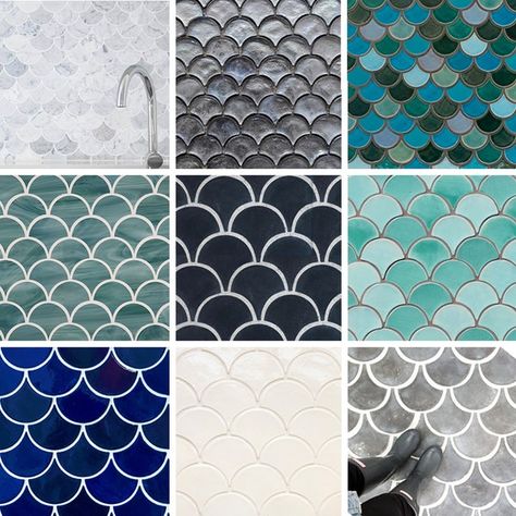 Looking For Fish Scale Tiles? Where to Find Our Favorites Fish Scale Tiles, Scallop Tiles, Kitchen Splashback Tiles, Ceramic Tile Backsplash, Fish Scale Tile, Splashback Tiles, Kitchen Splashback, Fish Scale, Ideas Kitchen