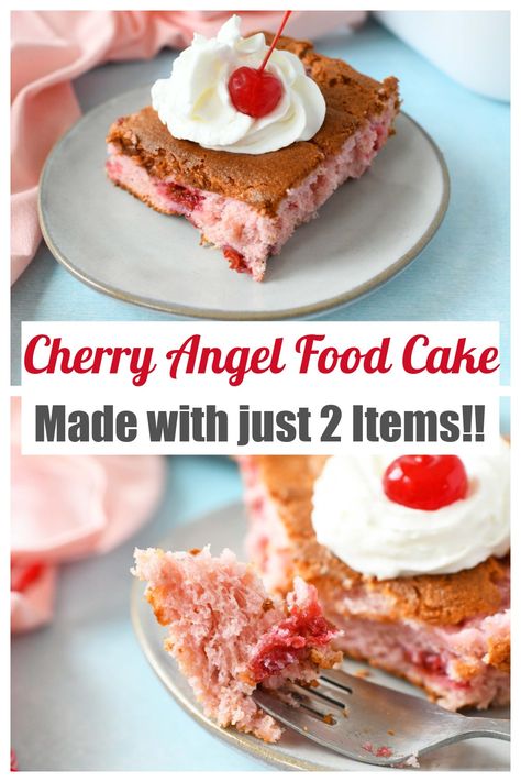 2 Ingredient Cherry Angel Food Cake comes together with just 2 ingredient items. You won't need eggs, water, oil, or anything but cherry pie filling, and Angel food cake to bake this up. It is a perfect summertime cake that you have to make to experience! This fluffy, cherry cake is loaded with moist cherry chunks and can be made in a 9 x 13 cake pan, or a Bundt pan. #cherry #angelfoodcake #angelcake #cherrycake #cherrypiefilling via @sizzlingeats Angel Food And Pie Filling Cake, Angel Food 2 Ingredient Cake, Pie Filling And Angel Food Cake, Angel Food Cake With Pie Filling, Angel Food Cake And Pie Filling, Angelfood Cake Recipes 2 Ingredients, Cake Mix Pie Filling And Eggs, Angel Food Cake Pie Filling Recipe, Angel Food Cake And Cherry Pie Filling