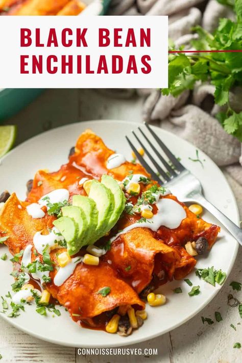 These vegan enchiladas are stuffed with a mix of spicy black beans, corn and spinach, smothered in sauce and baked to perfection. This delicious Mexican-inspired main dish is perfect for everything from busy weeknights to special occasions, and guaranteed to be a hit! Vegan And Gluten Free Desserts, Enchiladas With Black Beans, Corn Enchiladas, Spicy Black Beans, Spinach Enchiladas, Mexican Entrees, America Recipes, Black Bean And Corn, Vegan Enchiladas