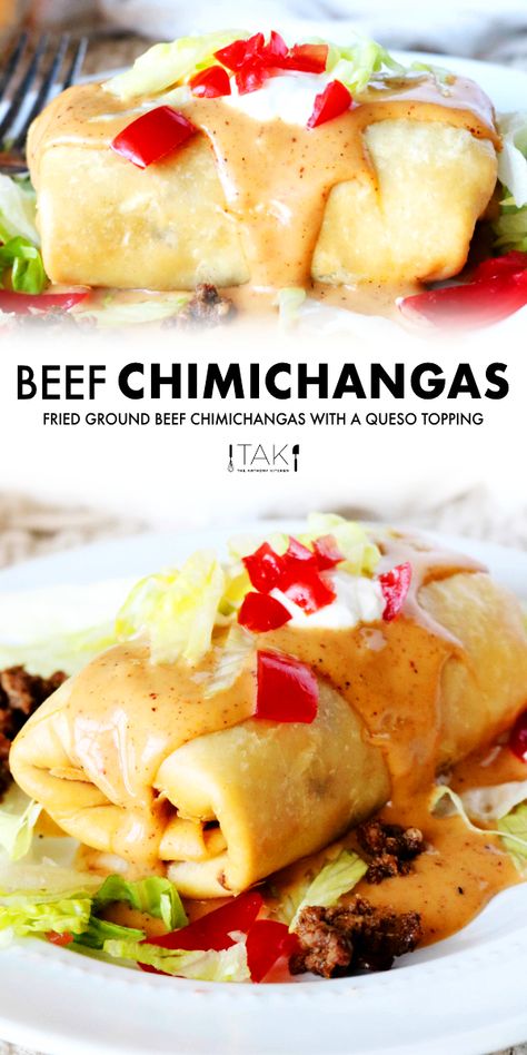 Love Mexican food at home? How about a dinner idea the entire family will love? This Homemade chimichanga recipe features flour tortillas, stuffed with taco-seasoned ground beef, fried to golden perfection, and topped off with a queso cheese sauce. Stovetop Queso, Chimichanga Beef, Beef Chimichangas, Mexican Food Recipes Beef, Chimichanga Recipe, Recipe With Ground Beef, Queso Cheese, Hamburger Meat Recipes, Mexican Dinner