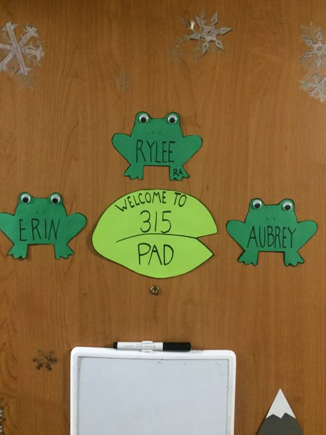 Frog RA door decs Cute Door Decorations College, Door Decs Dorm, Frog Door Decs, College Door Decs Resident Assistant, Door Decs Ra Spring, Ra Door Tags Colleges, Door Decks Ra, Easy Door Decs Ra, Ra Floor Themes Door Decs