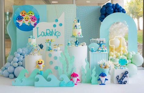 Baby Shark Birthday Party Ideas | Photo 6 of 12 Shark Birthday Party Ideas, Sea Birthday Party Decorations, Baby Shark Birthday Party, Baby Shark Birthday, Shark Themed Birthday Party, Boy Birthday Decorations, Shark Birthday Party, Watermelon Birthday, 2nd Birthday Party Themes