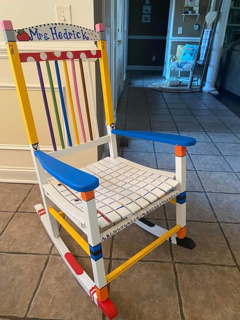 Teacher Rocking Chairs For Classroom, Classroom Rocking Chair, Painted Rocking Chairs For Classroom, Teacher Rocking Chair Painted, Teacher Rocking Chairs, Authors Chair, Teacher Painted Rocking Chair, Crayola Rocking Chair, Teacher Chairs