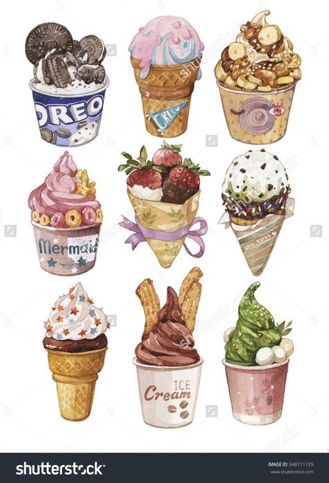 Cupcake Vintage, Desserts Drawing, Dessert Illustration, 귀여운 음식 그림, Yogurt Ice Cream, Food Sketch, Food Illustration Art, Watercolor Food, Cute Food Drawings