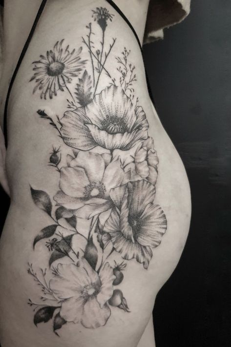 Wild Flower Tattoo Back, Wildflower Hip Tattoos Women, Wild Flower Hip Tattoo, Wildflower Thigh Tattoo, You Belong Among The Wildflowers Tattoo, Wildflower Tattoo Thigh, Wildflower Leg Tattoo, Tattooed Plus Size Women, Wild Flower Tattoo