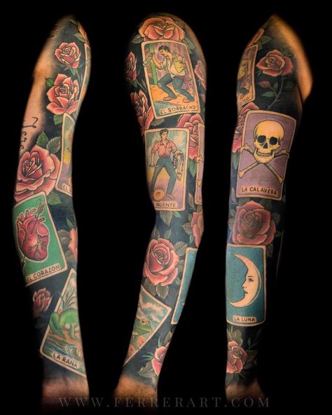 Mexican loteria cards and roses full sleeve tattoo by Julio Ferrer, tattoo artist in Sacramento, CA. Loteria Tattoo Mexican, Mexican Loteria Tattoo, Mexican Culture Art Tattoo, Loteria Cards Tattoo, Loteria Card Tattoo, Loteria Tattoo Ideas, Abuelo Tattoo, Tattoos Latin, Poppy Flower Tattoos