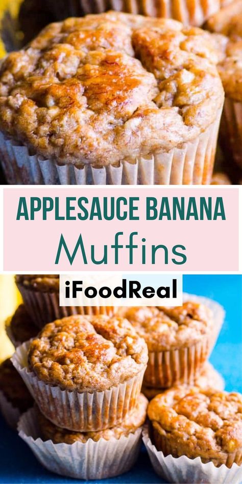 These Banana Muffins with Applesauce are naturally sweetened and made easy in one bowl. Moist and delicious your family will love these healthy muffins for breakfast or snack. Banana Chia Seed Muffins, Banana And Apple Muffins, Banana Muffins Made With Applesauce, Whole Wheat Applesauce Muffins, Fiber Muffins For Kids, Banana Muffins Easy Healthy, Mashed Banana Recipes Healthy, Applesauce Muffins Healthy, Banana Muffins With Applesauce