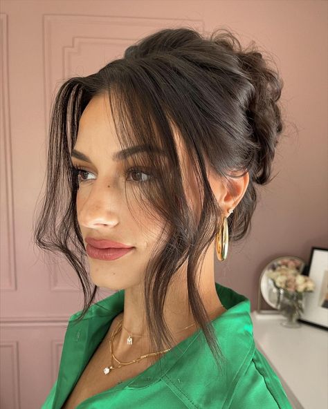 50 Bun Hairstyles That Are Super-Trendy in 2023 - Hair Adviser Beyond The Ponytail, Braidsmaid Hairdo, Updo Dark Hair, Occasional Hairstyles, Wedding Guest Hairstyles Updo, Dinner Hairstyles, Rehearsal Dinner Hair, Wedding Guest Updo, Wedding Updo Hairstyles