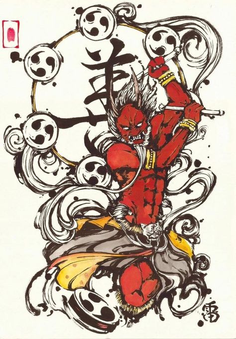 Raijin God Of Thunder, Raijin God, Raijin Tattoo, Tengu Tattoo, Zelda Tattoo, Buddha Tattoo Design, Samurai Tattoo Design, Japanese Pop Art, Rune Tattoo