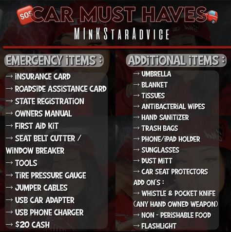 Cars For First Time Drivers, First Car Checklist, Car Needs List, Best First Cars, Car Payment Hacks, Stuff To Keep In Your Car, First Car Tips, Good First Cars, Cars Essentials