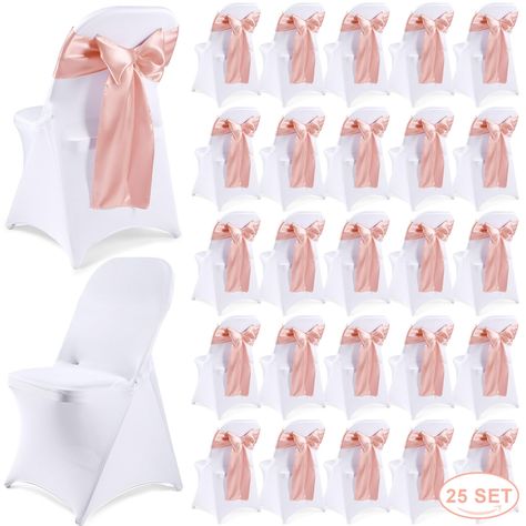 PRICES MAY VARY. What You Get: you will get 25 pieces of satin chair bow sashes and 25 pieces of stretch chair covers, sufficient quantity can meet your wedding decoration and replacement needs; The classic rose gold chair sash matches with elegant white chair covers, and they will make your simple chairs more elegant, bringing you nice visual effect Quality Material: these covers for chair are made of 90% polyester and 10% spandex, strong and reliable, not easy to scratch or tear; The party cha Quince Decorations Rose Gold, Quince Table Decorations, Grad Favors, Simple Chairs, Rose Gold Chair, Rose Gold Quince, Quince Decor, Party Chair, White Chair Covers