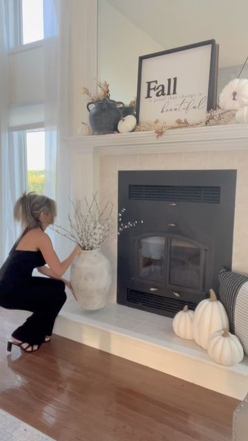 Gilla Leigh Home Designs on Instagram: "Decorating a fireplace hearth for Fall🍁absolutely love adding textured pottery with willow stems to my fall decor pieces. I love the warm feeling that pottery gives to a home. Pottery is so trending now , but has always been a classic in decor. A simple pumpkin next to it completely the look. . . . . . . #falldecor #falldecorating #fall #fallinspiration #fallideas #interiordesign #interiordesigner #fallseason #fireplacedecor #fallfireplacedecor #diyhomede Decorating Fireplace Hearth For Fall, Modern Fall Fireplace Decor, Fall Fireplace Floor Decor, Simple Fall Fireplace Decor, Fall Fireplace Hearth Decor, November Home Decor, Fall Decor Fireplace Ideas, Fall Decor Fireplace, Autumn Fireplace Decor