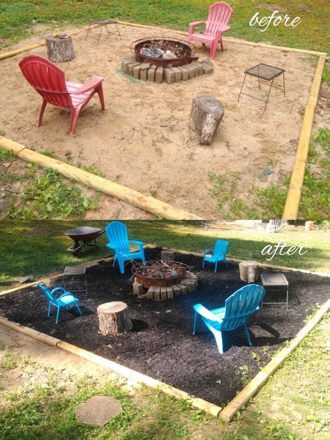 Black mulch fire pit Fire Pit Mulch Area, Outdoor Seating Area With Mulch, Fire Pit With Mulch, Simple Mulch Landscaping Ideas, Rubber Mulch Fire Pit Area, Mulch Patio Sitting Area, Mulch Patio, Mulch Fire Pit Area, Mulch Patio Ideas