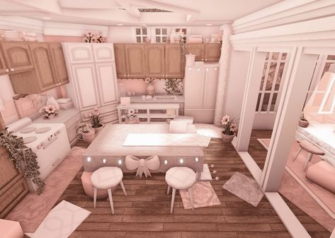 Asthetic Bloxburg Kitchen, Danish Pastel Kitchen Bloxburg, Kitchen Interior Bloxburg, Cozy Kitchen Bloxburg, Blush Kitchen Bloxburg, Croquette Bloxburg House, Bloxburg Cottage Kitchen, Bloxburg Spring House Interior, Cute Bloxburg Kitchen Ideas