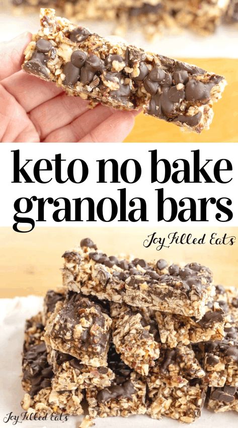 This Low Carb Chocolate Chip Granola Bars Recipe has just 6 ingredients and takes 10 minutes to make. My healthy no bake granola bars are perfect to keep in your purse for emergencies or send in your child's lunchbox to school. Each keto-friendly bar has 5 net carbs and is full of protein and good fats with nuts, coconut, and chocolate. You can customize them with your favorite mix-ins! This easy recipe is low carb, keto, gluten-free, grain-free, sugar-free, and Trim Healthy Mama friendly. Chocolate Almond Granola, Keto Granola Bars, Almond Granola Bars, Bake Granola Bars, Low Carb Granola Bars, No Bake Granola, Keto No Bake, Low Carb Granola, No Bake Granola Bars