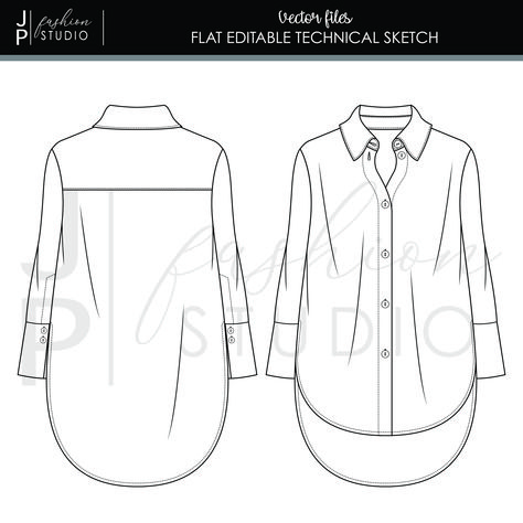 Oversized Shirt Flat Sketch, Oversized Shirt Sketch, Oversized Shirt Technical Drawing, Women Shirt Flat Sketch, Shirt Sketch Women, Shirt Drawing Women, Blouse Technical Drawing, Blouse Flat Sketch, Flat Sketches Fashion